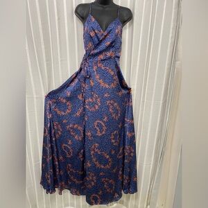 Wrap Maxi Dress Blue Purple &‎ Coral Floral Silky Size S - NWOT